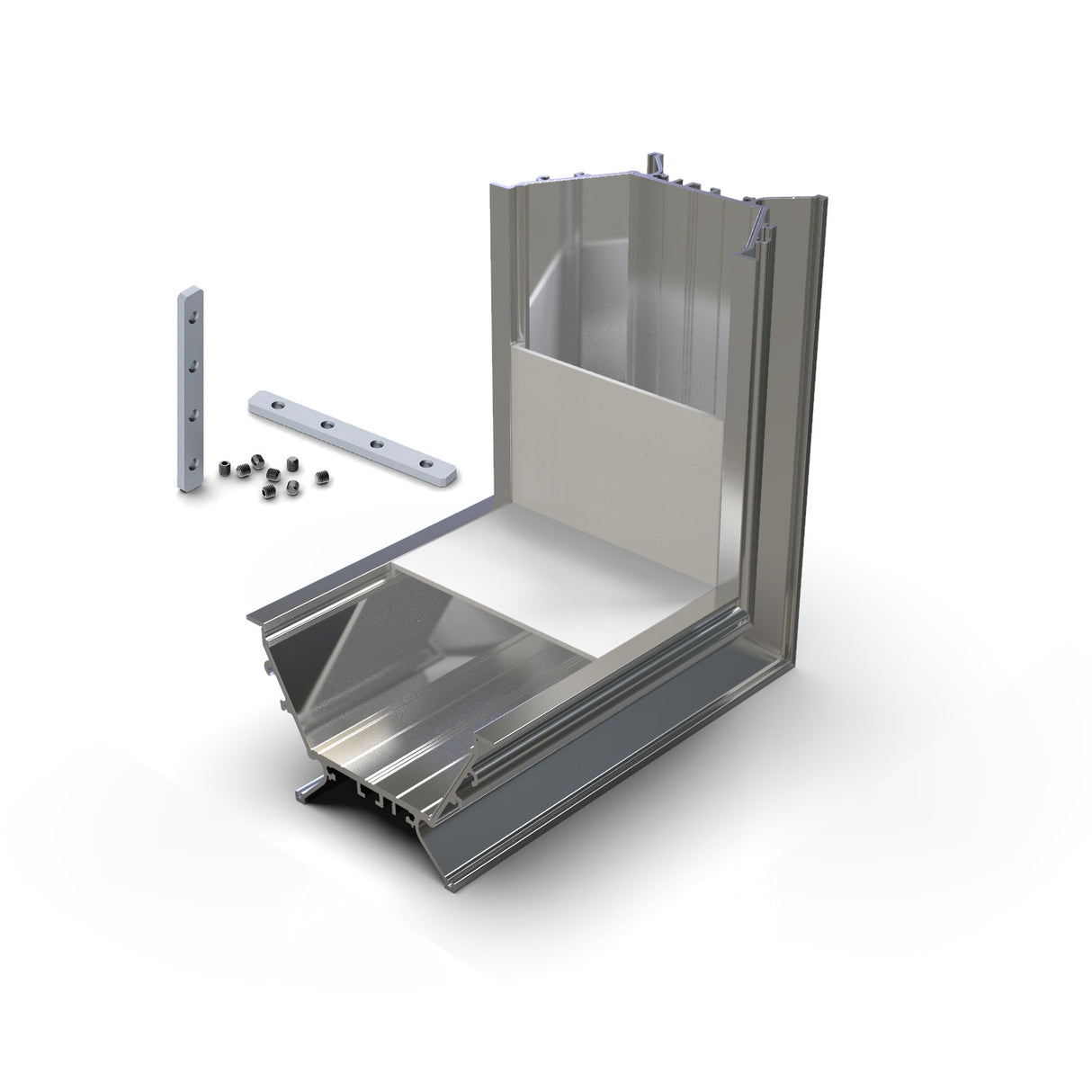 A 3D render of the 90 Degree Connector for RPLW80FL Profile is shown within a sectional aluminum window frame, featuring a sill, screws, LED channels, and the RPLW80 FL profile on a white background.