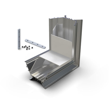 A 3D render of the 90 Degree Connector for RPLW80FL Profile is shown within a sectional aluminum window frame, featuring a sill, screws, LED channels, and the RPLW80 FL profile on a white background.