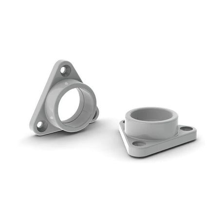 Two Closet Installation Mounting Brackets for Alu-Round Profile, made of white plastic with three mounting holes and a triangular base, shown at different angles. Each bracket has a cylindrical opening for secure profile mounting.