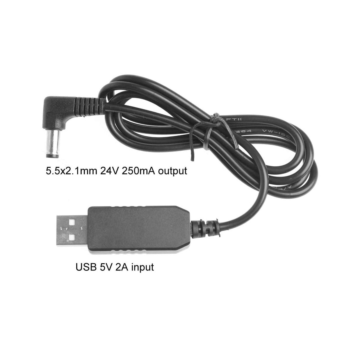 The USB 5V to 24V Step-Up Voltage Converter for LED Lights features a black cable with a USB input (5V 2A) and a right-angle 5.5x2.1mm barrel output (24V DC), ideal for powering LEDs, displayed on a white background.