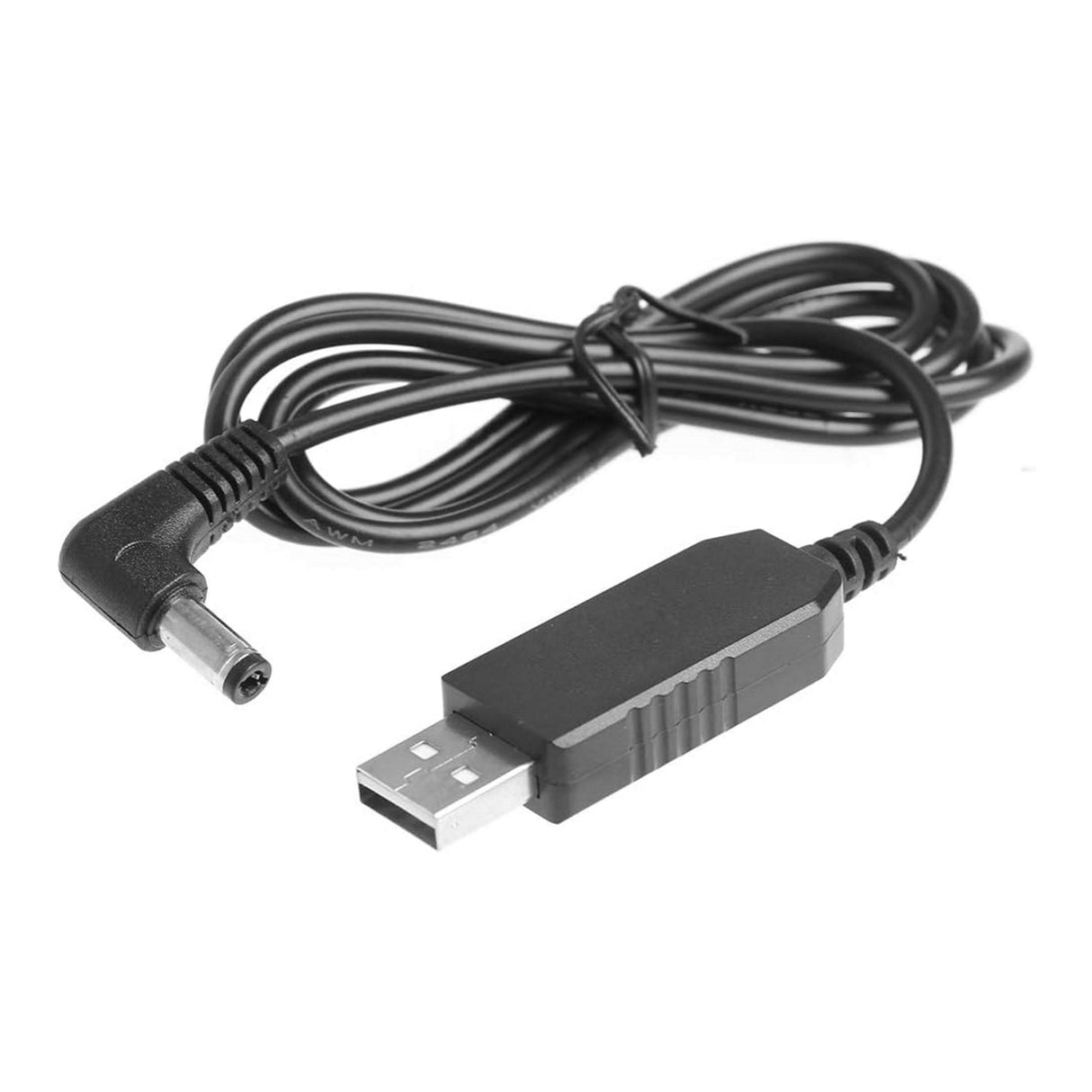The USB 5V to 24V Step-Up Voltage Converter for LED Lights features a black cable with a USB-A connector and right-angle barrel jack, supplying 24V DC—perfect for powering LED lights—shown coiled on a white background.
