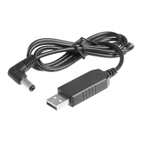 The USB 5V to 24V Step-Up Voltage Converter for LED Lights features a black cable with a USB-A connector and right-angle barrel jack, supplying 24V DC—perfect for powering LED lights—shown coiled on a white background.