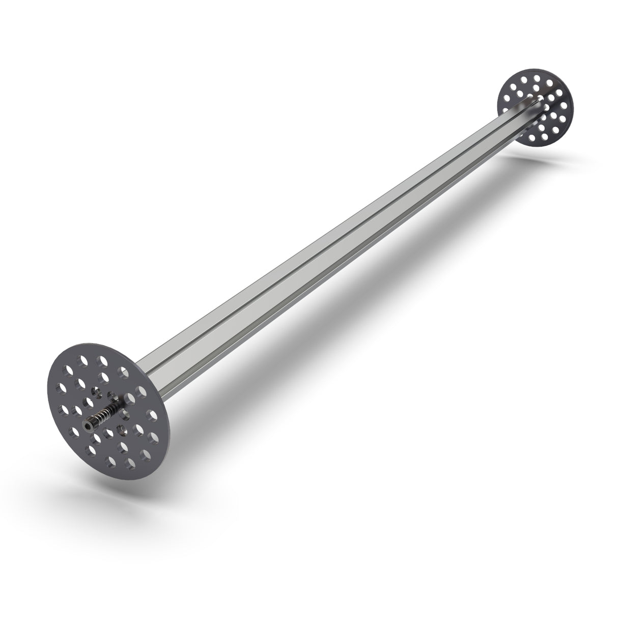 The LED Mounting Kit for Smokies70 Profile with Hexagon Heatsink features a long metal rod and circular, perforated anodized aluminum end caps at both ends, shown at an angle on a white background with a soft shadow.