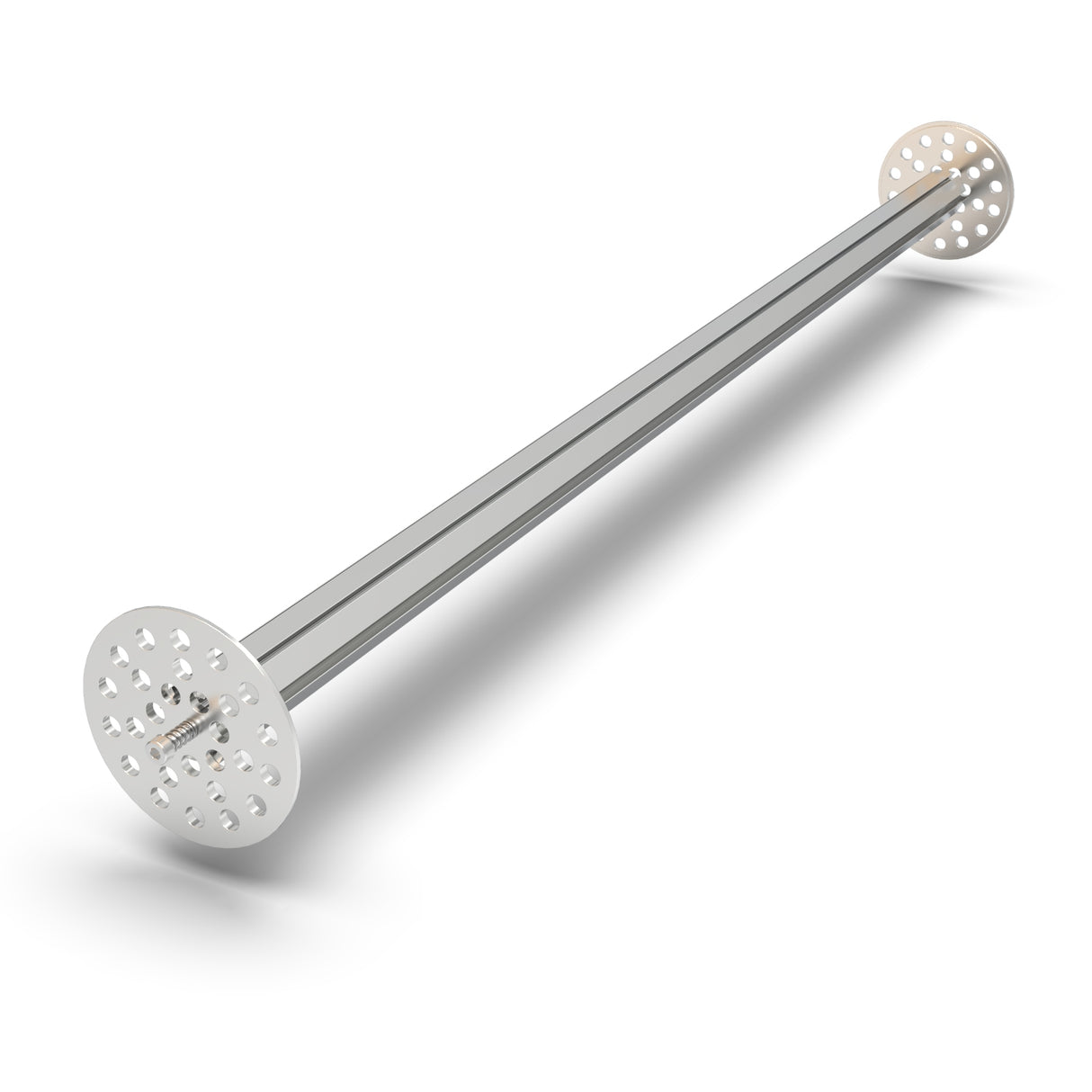 The LED Mounting Kit for Smokies70 Profile with Hexagon Heatsink features a metal rod with two round, perforated plates at each end and three parallel bars—perfect as a diffuser tube or for LED installations—shown on a white background.