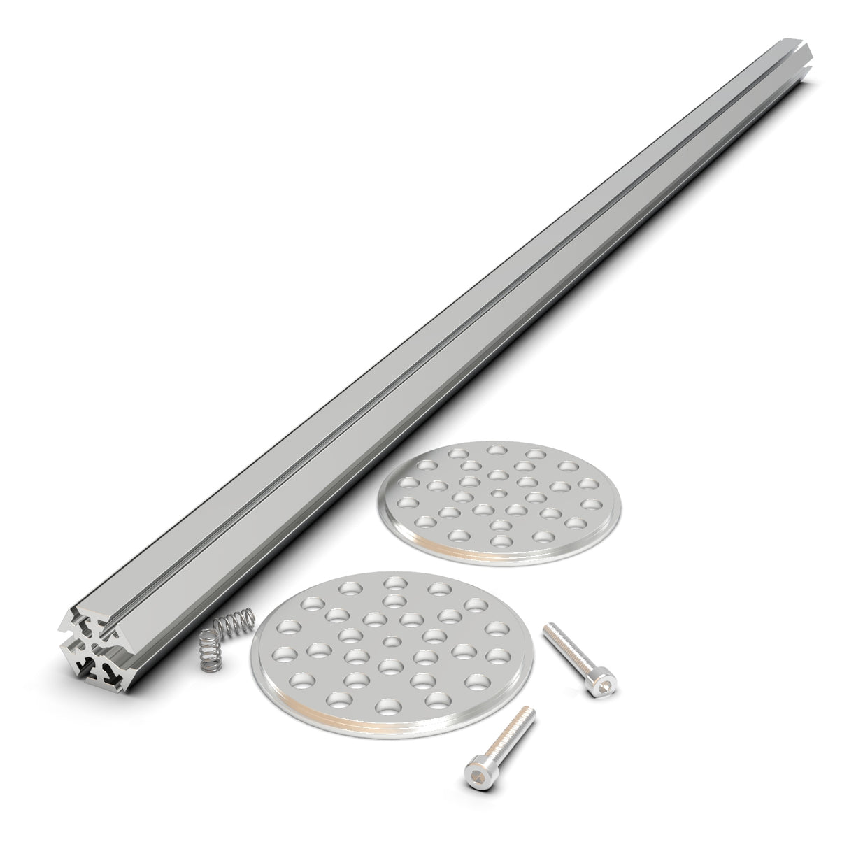 The LED Mounting Kit for Smokies70 Profile with Hexagon Heatsink includes an aluminum extrusion, anodized end cap, two perforated metal plates, screws, and a spring, displayed on a white background.