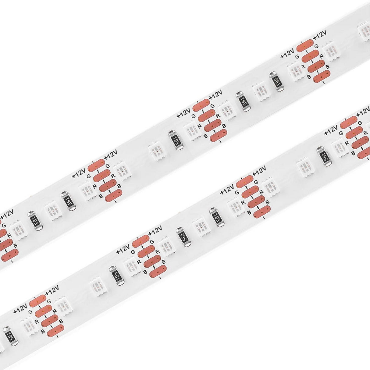 Two parallel Bright RGB IP44 LED Strips (12V) ~ Verbena Series, with visible resistors and copper pads on a white background. Marked +12V, the strips feature evenly spaced LEDs for uniform illumination.