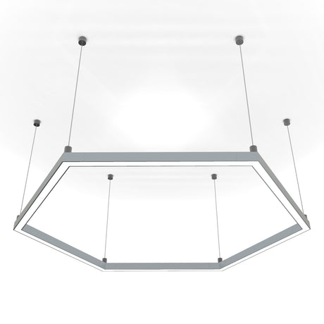The 0.9 Suspended/Surface Mount Ceiling LED Strip Channel (Model Linea20) features a modern hexagonal design with a slim metallic frame, suspended by six cables for architectural LED lighting and even illumination against a white background.