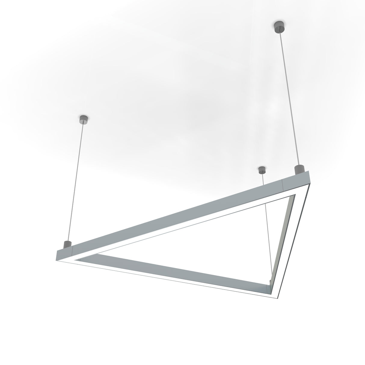 The 0.9 Suspended/Surface Mount Ceiling LED Strip Channel ~ Model Linea20 is a modern, minimalist fixture with a sleek metal frame and geometric design, suspended by three cables, emitting LED light along its inner edges.