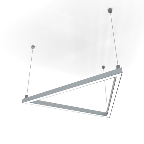 The 0.9 Suspended/Surface Mount Ceiling LED Strip Channel ~ Model Linea20 is a modern, minimalist fixture with a sleek metal frame and geometric design, suspended by three cables, emitting LED light along its inner edges.