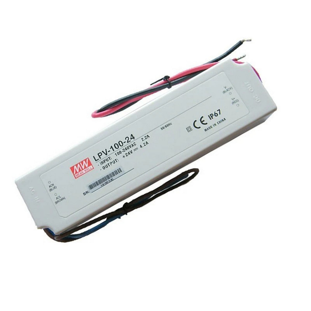 The Compact IP67 Waterproof LED Driver (24V) from the Meanwell LPV Series features a rectangular white casing with attached input/output wires and printed product info, ideal for outdoor use.