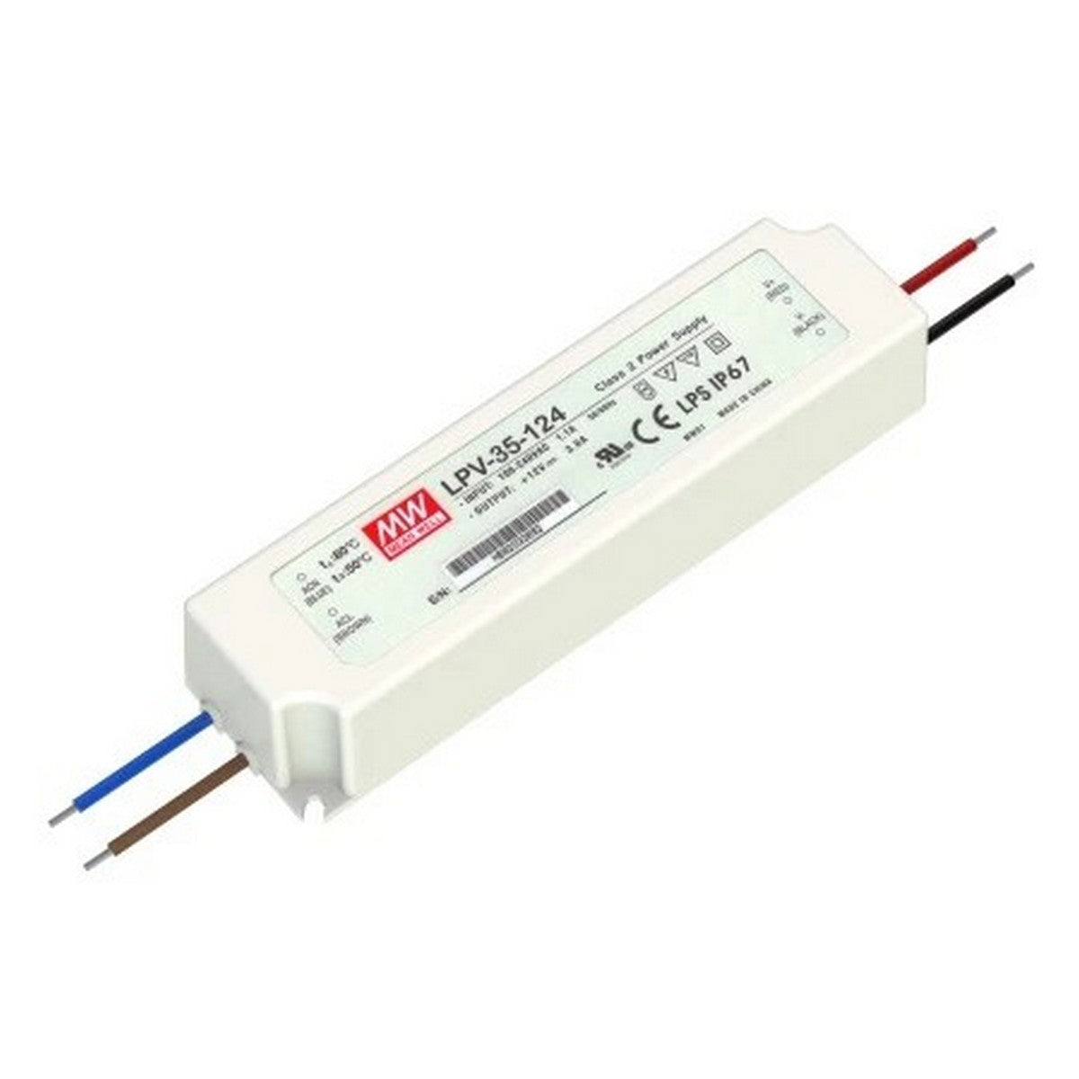 The Compact IP67 Waterproof LED Driver (24V) ~ Meanwell LPV Series has a rectangular white casing, product label on top, and four exposed wires—blue, brown, red, and black—making it ideal for outdoor applications.