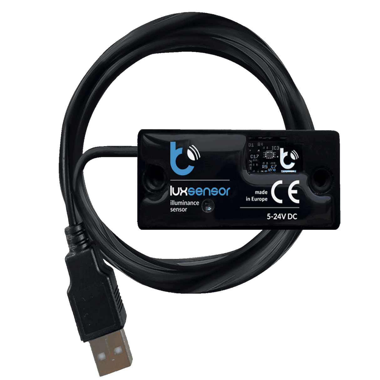 The Wi-Fi Light Intensity Sensor ~ luxSensor by Blebox is a black device with certification marks and logo, a coiled cable ending in a standard USB plug, labeled as lux sensor and illuminance sensor, operating at 5-24V DC.