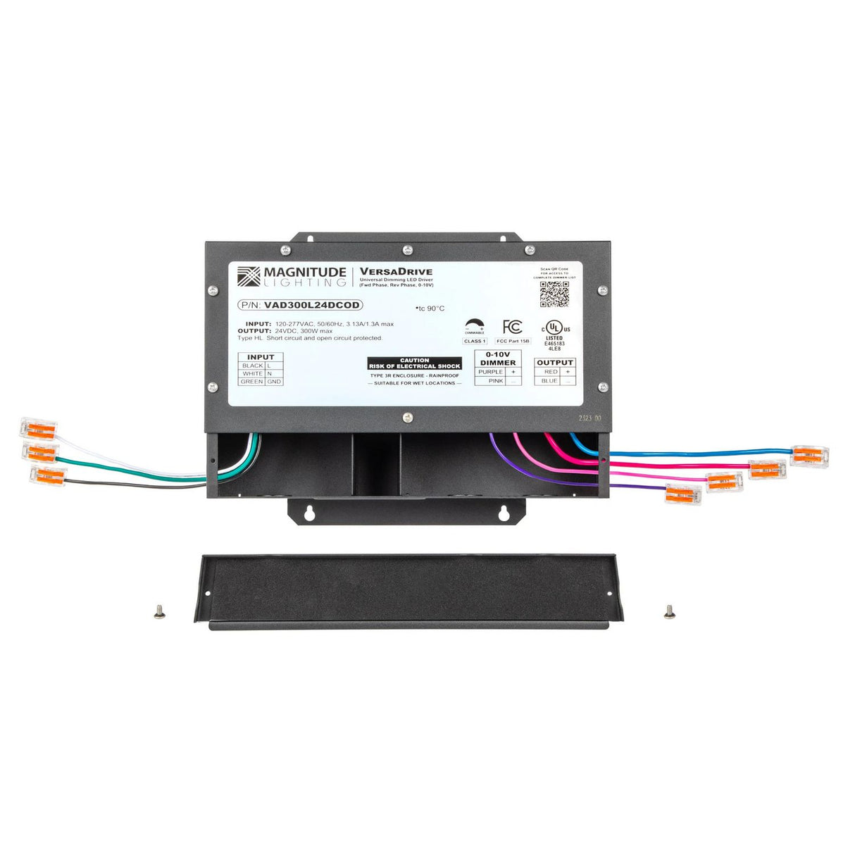 A black 5-Way Universal Dimmable Constant Voltage LED Driver (24V) ~ Magnitude VersaDrive with universal dimming, colored wires, and connectors is shown with its front cover removed and screws placed below.