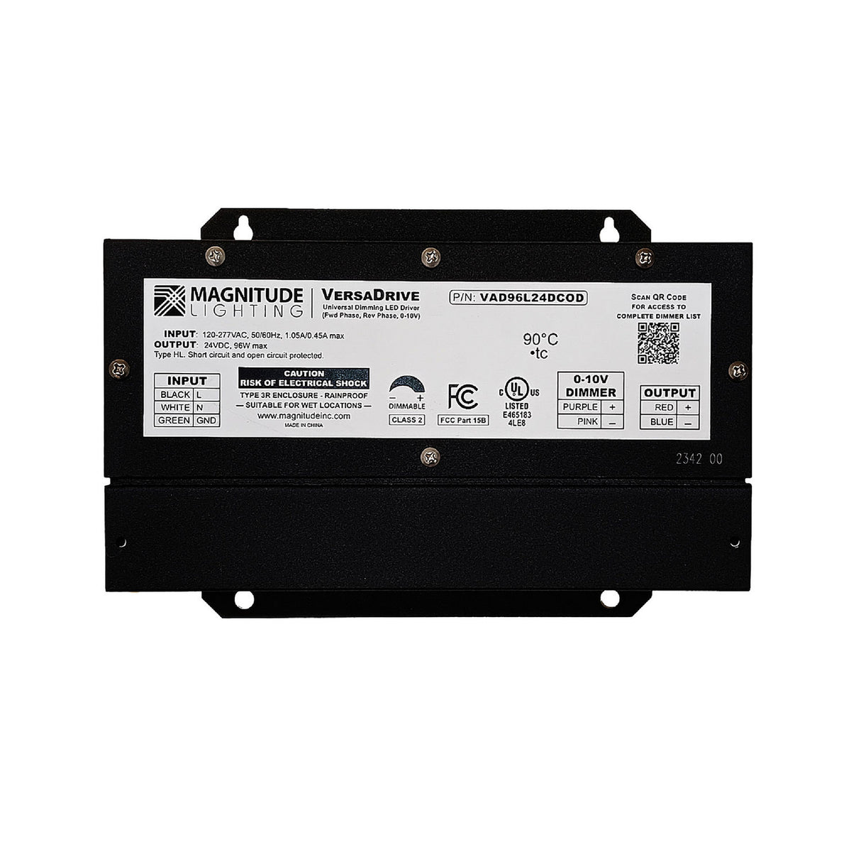 A black Magnitude VersaDrive 5-Way Universal Dimmable Constant Voltage LED Driver (24V) with a white label showing specs, certifications, input/output details, and wiring diagrams; offers smooth, flicker-free universal dimming on a white background.