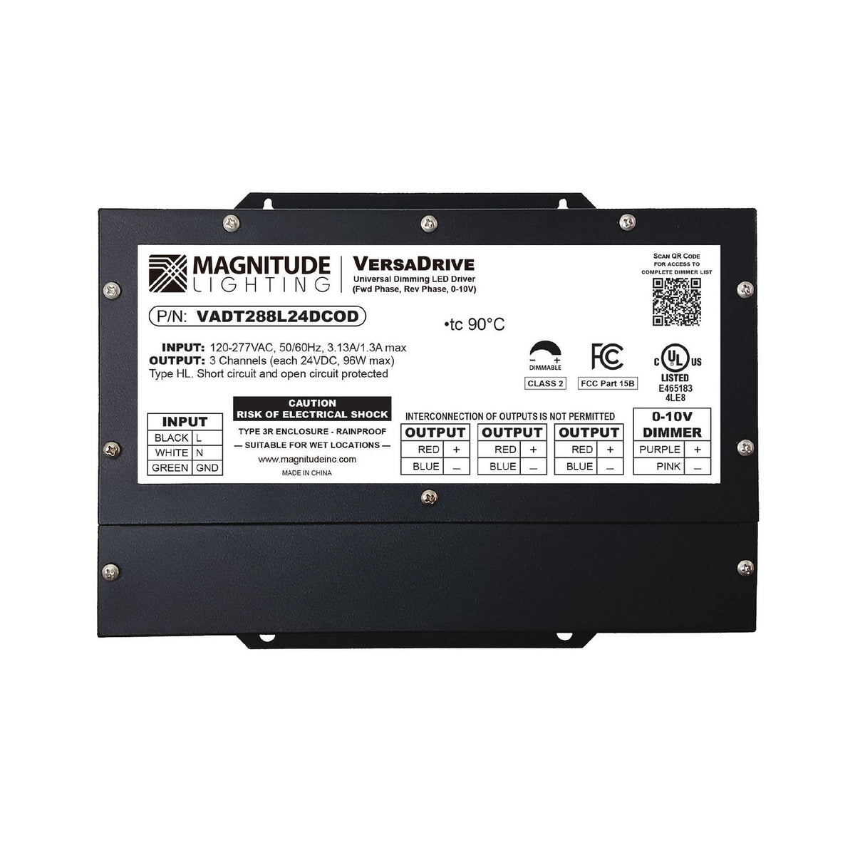 Black and silver 5-Way Universal Dimmable Constant Voltage LED Driver (24V) ~ Magnitude VersaDrive features flicker-free dimming, various input/output specs, safety warnings, wiring diagrams, and certification labels on its front panel.