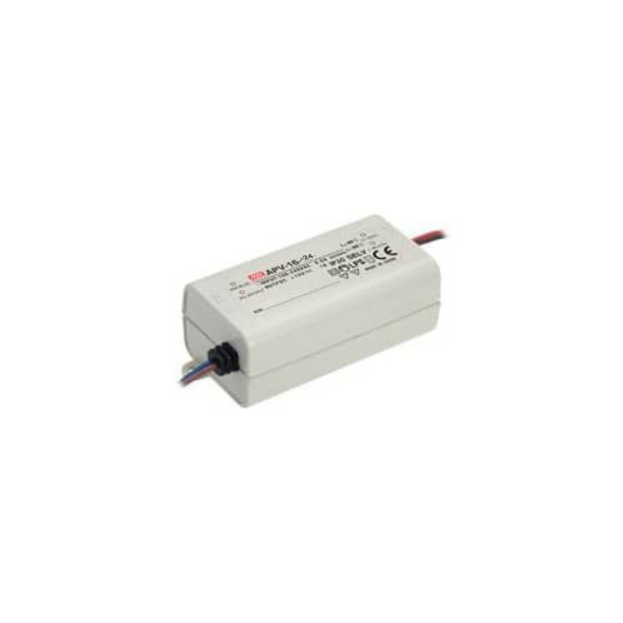 The Meanwell APV Series Single Output Switching Power Supply (24V) is a compact rectangular white unit with printed specs on top and red, blue, and black wires on both ends, designed for easy installation.