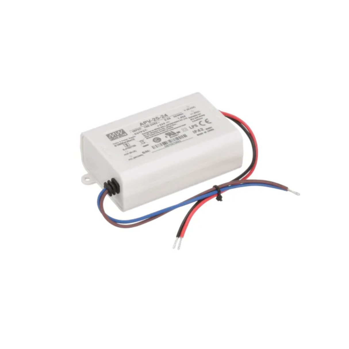 The Meanwell APV Series Single Output Switching Power Supply (24V) is a compact, rectangular white unit with black, red, and blue wires at one end and printed specs plus certification logos on its surface.