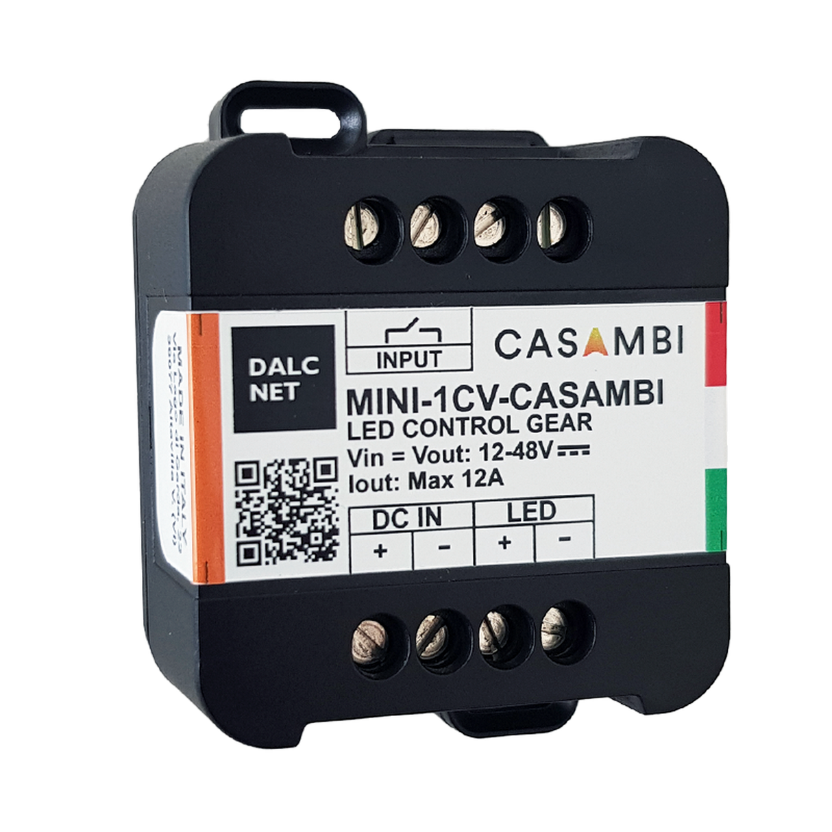 The MINI-1CV-CASAMBI is a black, rectangular Miniature 1-Channel LED Dimmer with Casambi, featuring screw terminals, labeled input/output, DALCNET and CASAMBI branding, and Casambi App compatibility for simple LED lighting control.