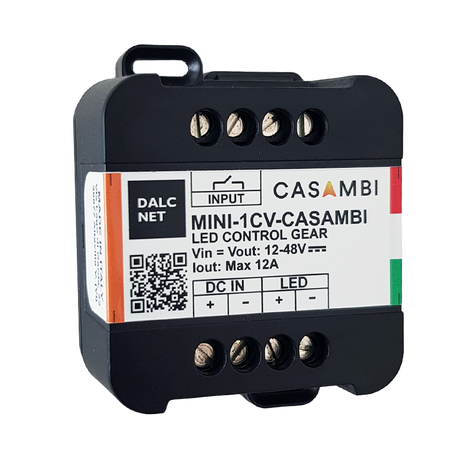 The MINI-1CV-CASAMBI is a black, rectangular Miniature 1-Channel LED Dimmer with Casambi, featuring screw terminals, labeled input/output, DALCNET and CASAMBI branding, and Casambi App compatibility for simple LED lighting control.