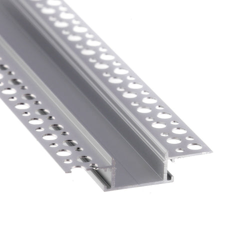 A close-up of the 1.1 Ceiling/Wall Recessed Linear LED Lighting Profile (Model Montana), a silver aluminum channel with perforated edges and raised central section, ideal for drywall or tile installs and ceiling/wall illumination.