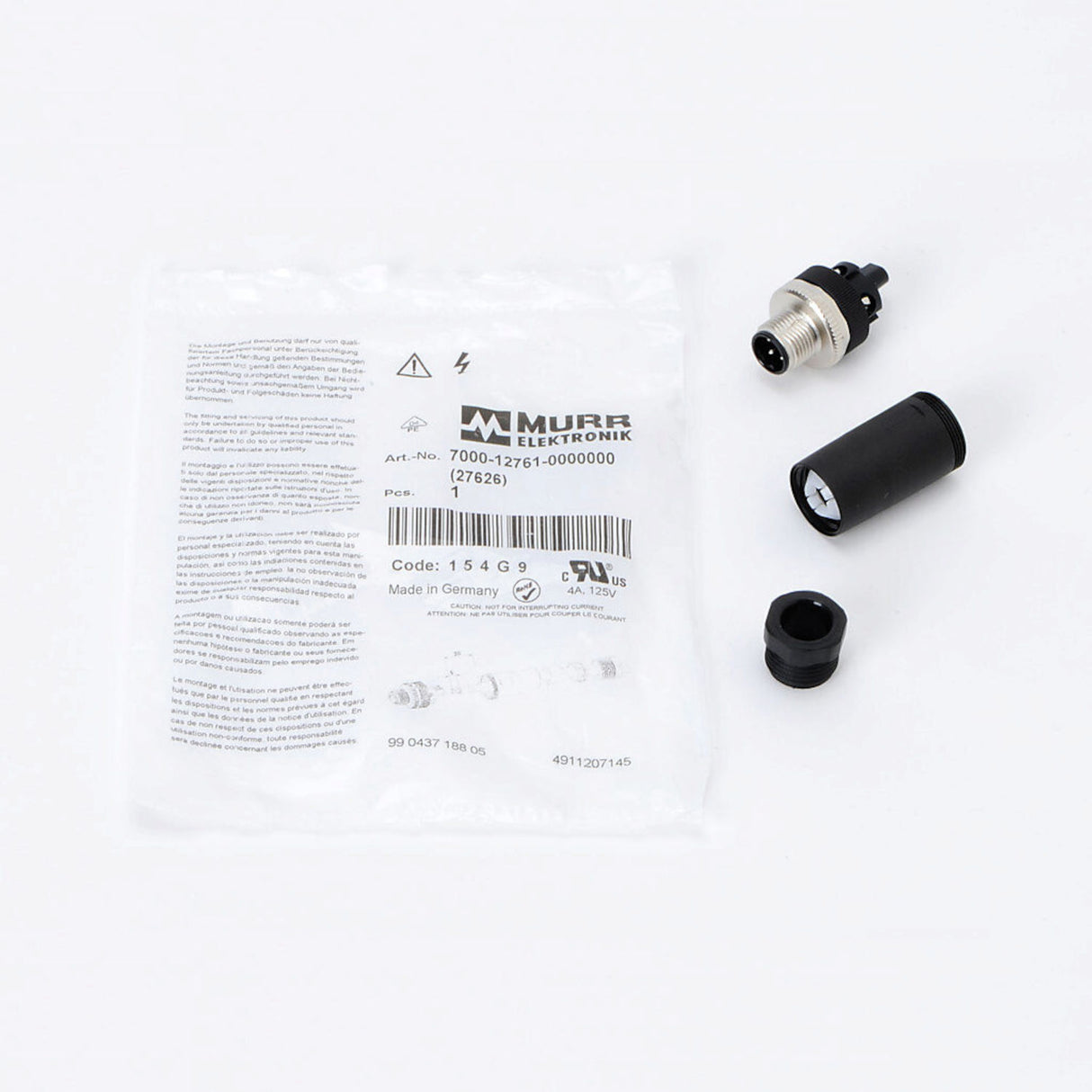 A plastic bag labeled Murrelektronik (item no. 7000-17261-0000000) lies next to a disassembled RGBW Male 5-pin Waterproof M12 Connector, all on a white surface.