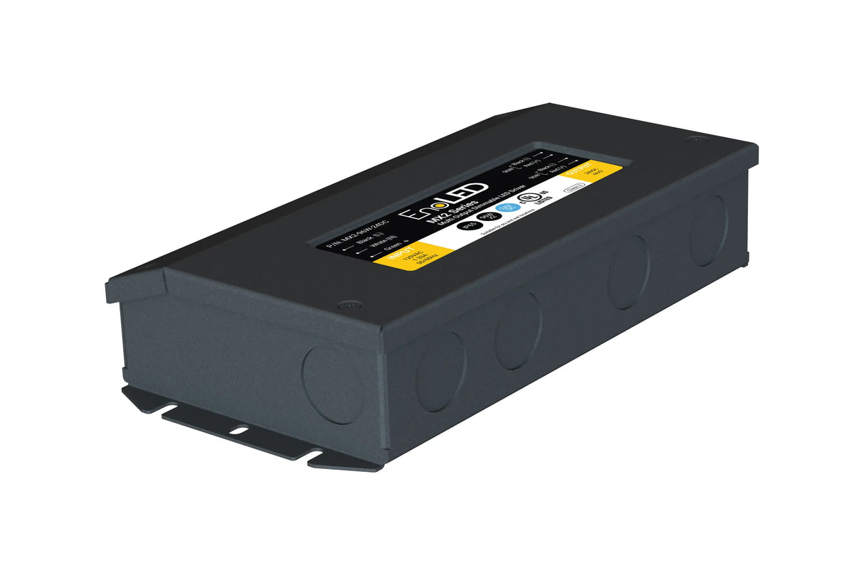 A black rectangular Multi-Channel Dimmable Class 2 LED Driver (24V) from the EnoLED MX2 Series features EnVisionLED labeling, certification icons, technical details on top, circular side knockouts, and offers dimming compatibility.