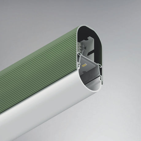 A close-up of the Contemporary Modern Pendant Strip Light Channel ~ Model Nami23, featuring an oval industrial design with a green ribbed cover and white base. Part of the fixture is cut away to show internal electronics against a gradient light gray background.