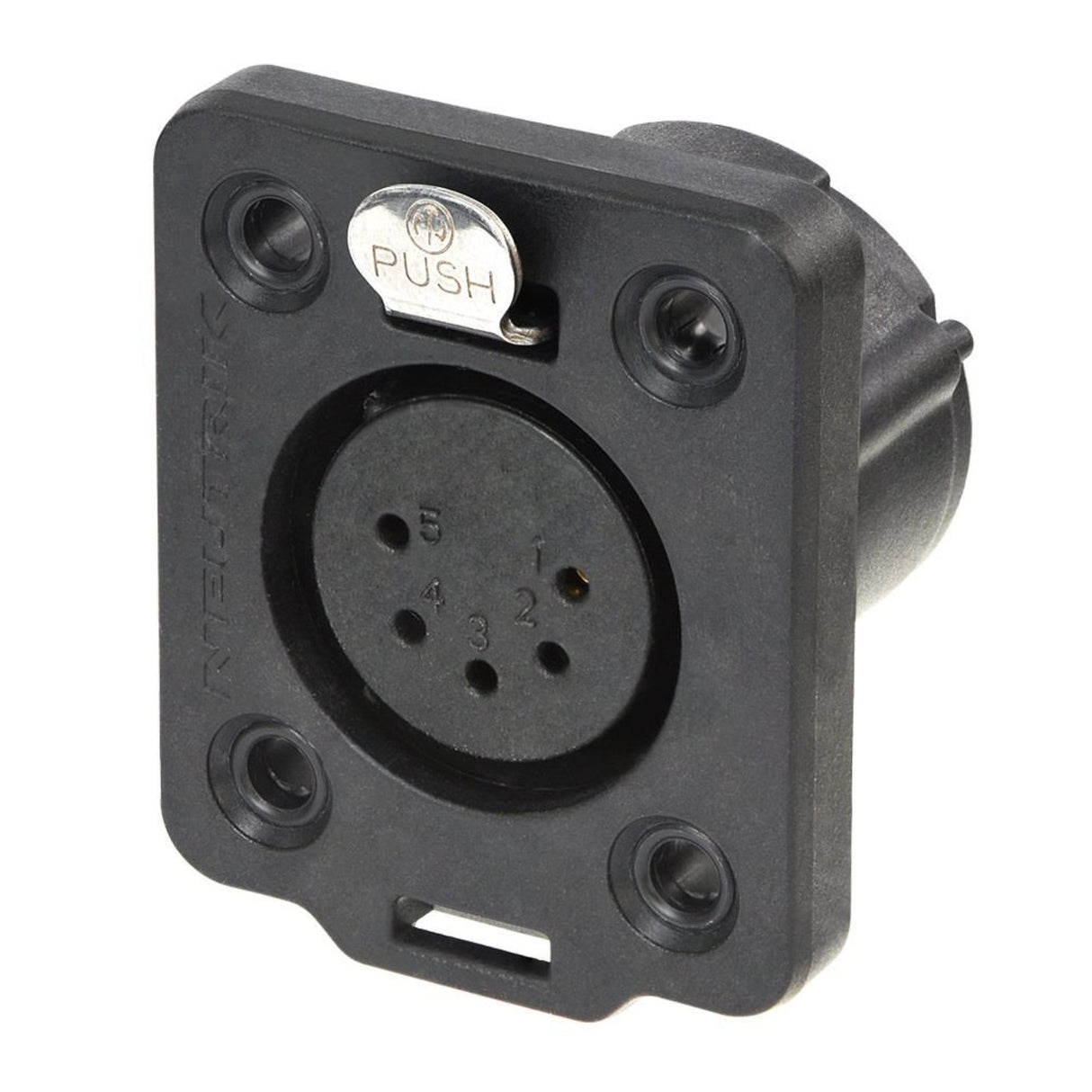 The 5-Pole XLR Connector is a black, UV-resistant panel-mount connector with five labeled pin sockets (1–5), a silver PUSH release button at the top, and four corner mounting holes.