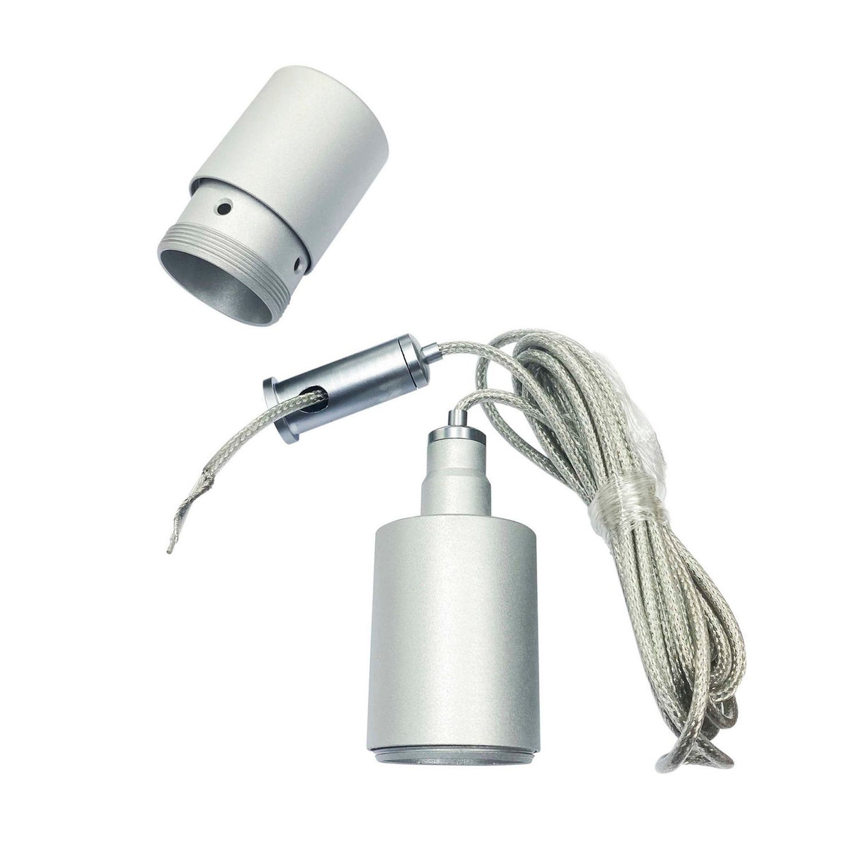 The Vertical Hanger for Neon 360 Series features a cylindrical metal socket, coiled cord, and detachable threaded cap—ideal for cable suspension or vertical hanging in Neon 360 setups. Shown on a white background with a sleek, modern design.