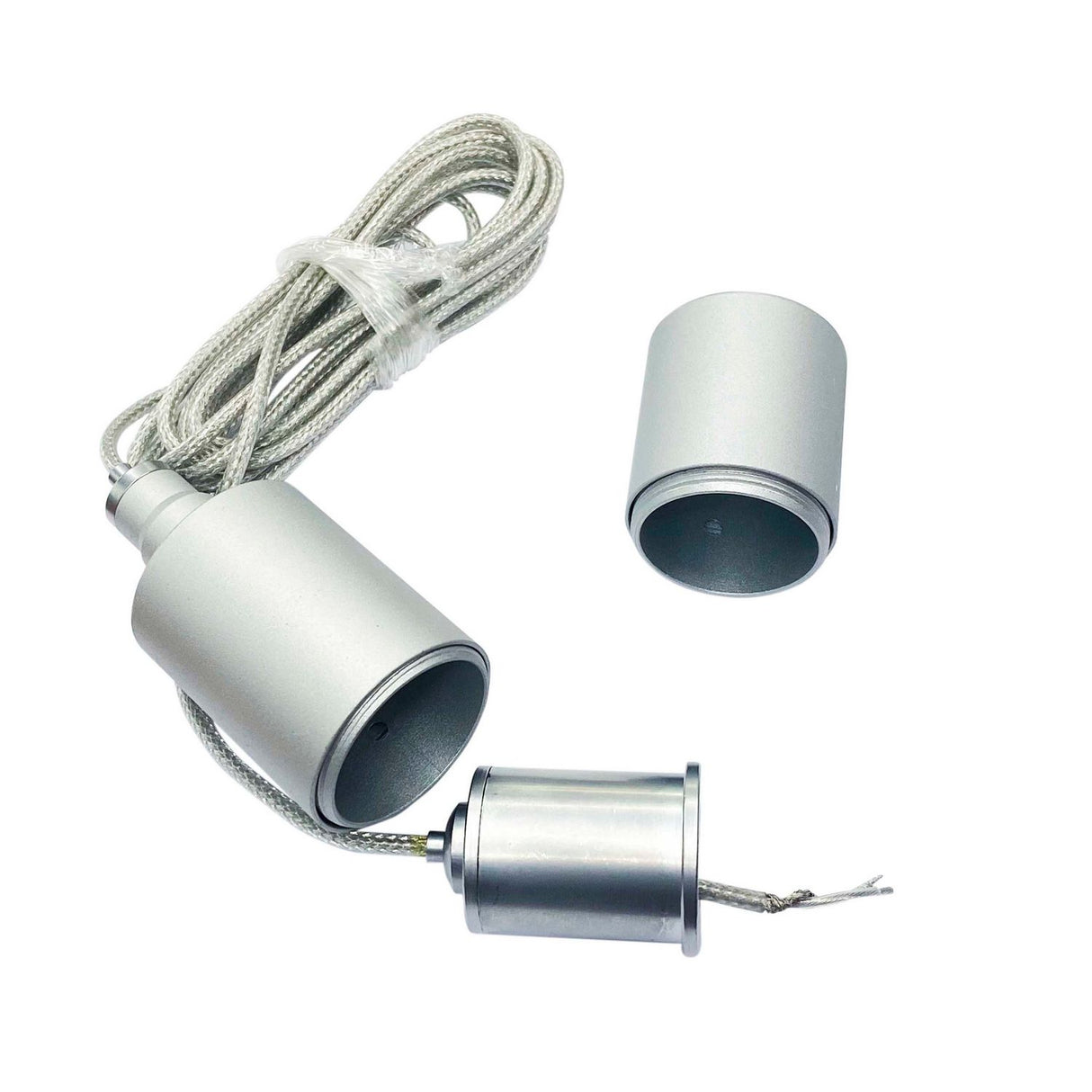 The Vertical Hanger for Neon 360 Series is a silver pendant light socket set with a braided cord, detached socket cover, and metal wire exposed at the cord’s end—perfect for Neon 360 or cable suspension kits, shown on a white background.