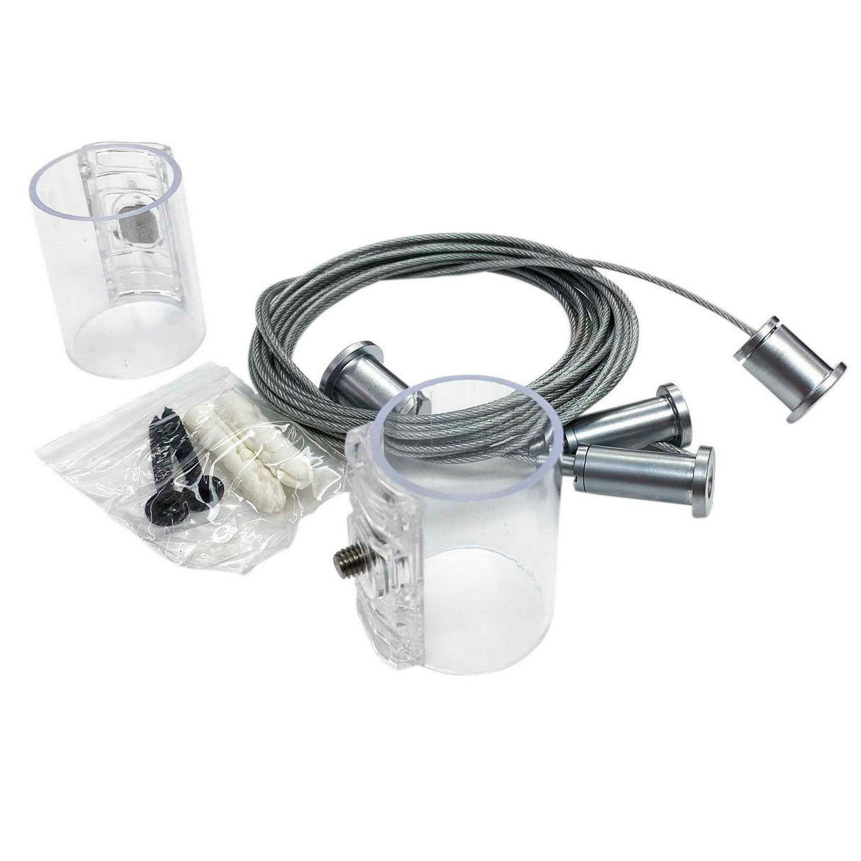 The Horizontal Hanger for Neon 360 Series includes transparent cylindrical mounts, silver-ended suspension cables, wall anchors, and screws, all arranged on a white background.