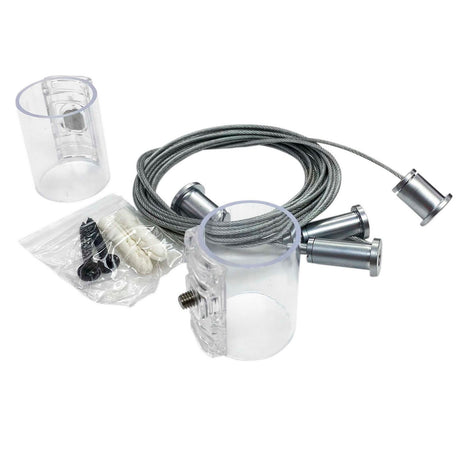 The Horizontal Hanger for Neon 360 Series includes transparent cylindrical mounts, silver-ended suspension cables, wall anchors, and screws, all arranged on a white background.