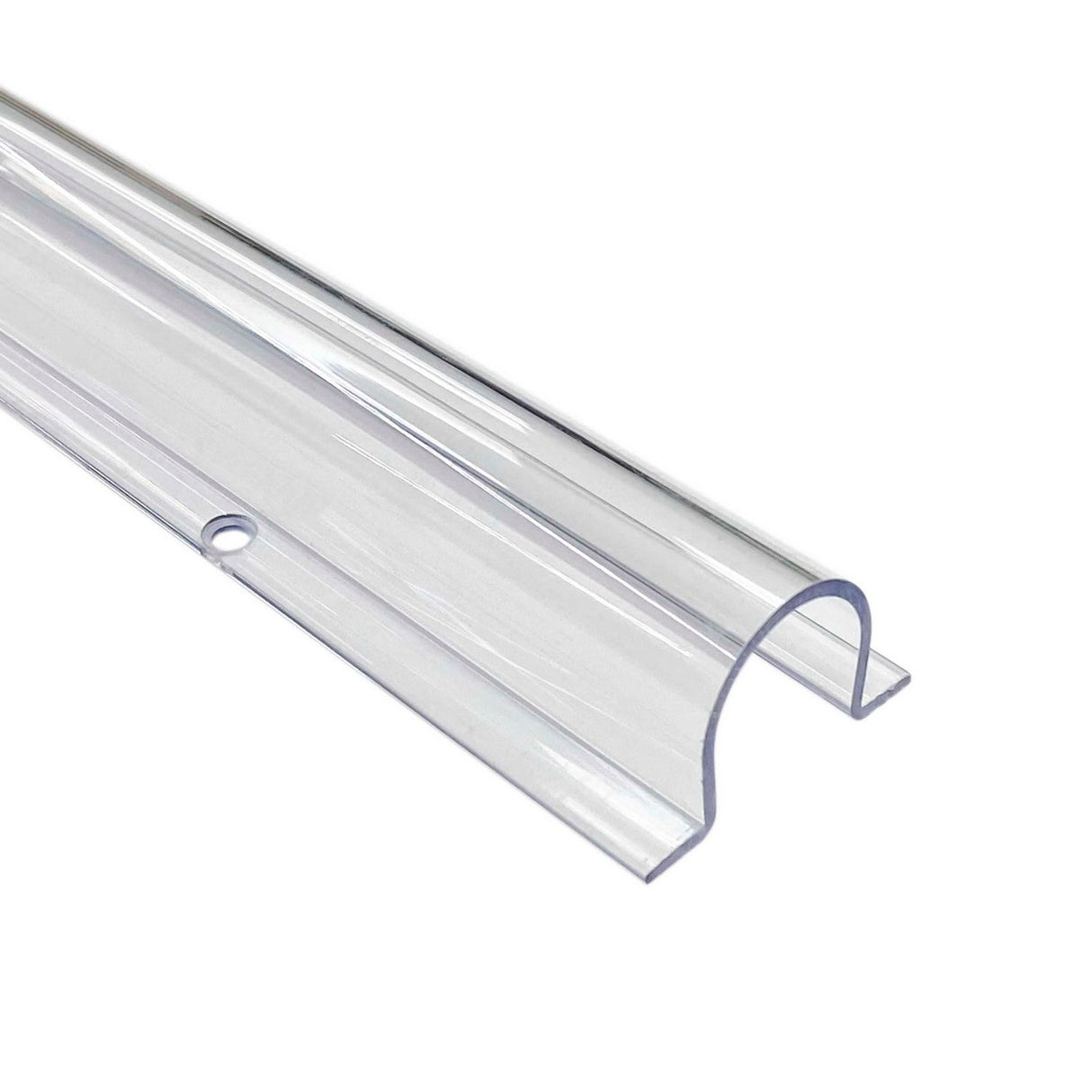 The Profile Clip for Neon 360 Series is a clear plastic U-channel with a rounded top, flat base, and pre-drilled hole—ideal for securely mounting panels, LED tubes, or edges in construction and Neon 360 Series displays.