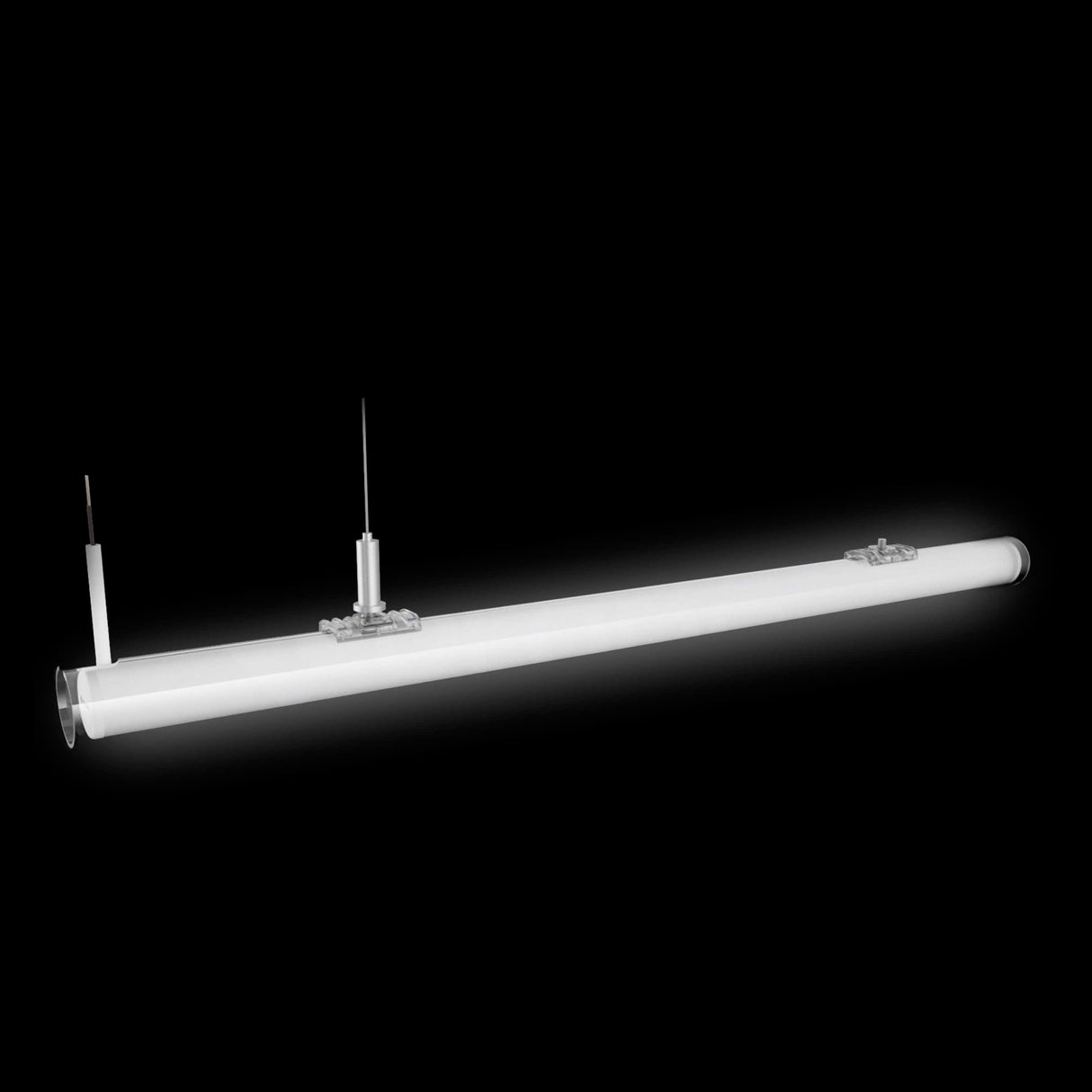A Suspension Clip for Neon 360 Series, designed to securely mount cylindrical LED tube lights with polycarbonate housing, is shown along with two mounting brackets and electrical wires extending from each end against a black background.