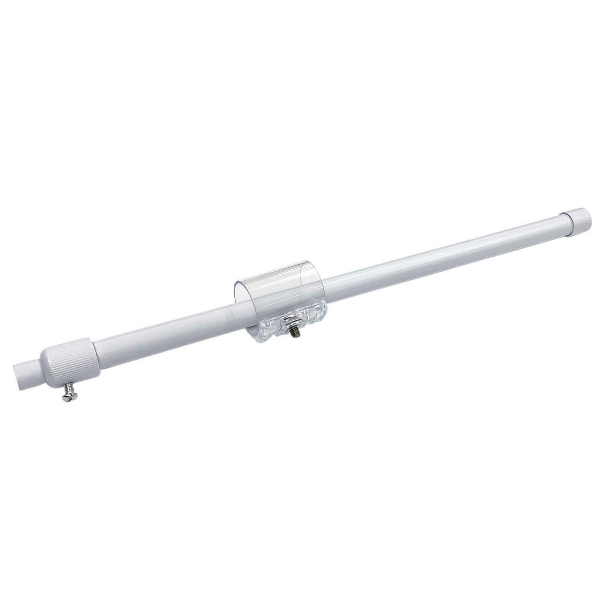 The Adjustable Suspension Arm for Neon 360 Series is white with adjustable length, includes a clear plastic central mounting bracket and two metal adjustment screws, shown isolated on a white background.