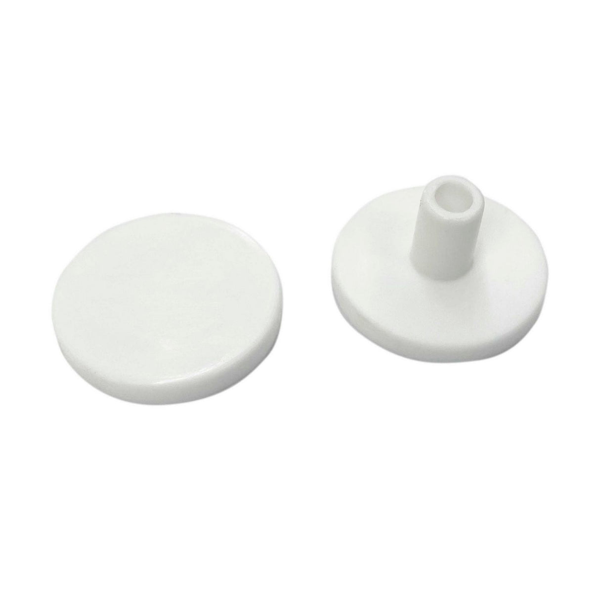 Shown are two small, round, white ceramic End Caps for the Neon 360 Series lighting fixture. One cap is flat; the other has a central cylindrical stem. Both are displayed on a plain white background.