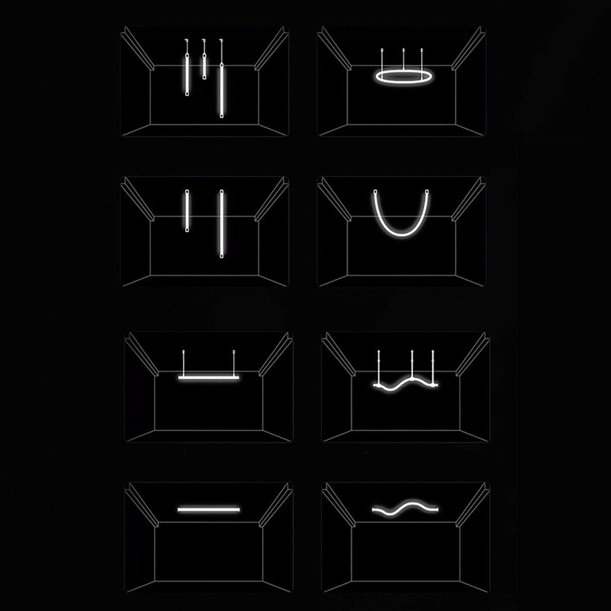 Nine black rectangles feature Flexible White LED Neon Tube ~ Neon 360 Series, each forming unique minimalist geometric patterns in a 3x3 grid. The neon tubes provide 360° illumination with lines, curves, and loops.