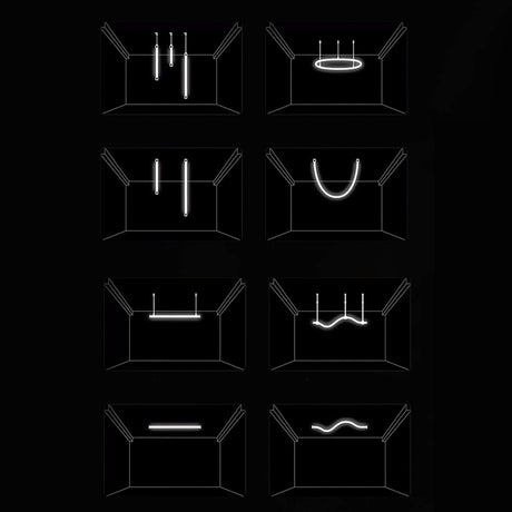 Nine black rectangles feature Flexible White LED Neon Tube ~ Neon 360 Series, each forming unique minimalist geometric patterns in a 3x3 grid. The neon tubes provide 360° illumination with lines, curves, and loops.