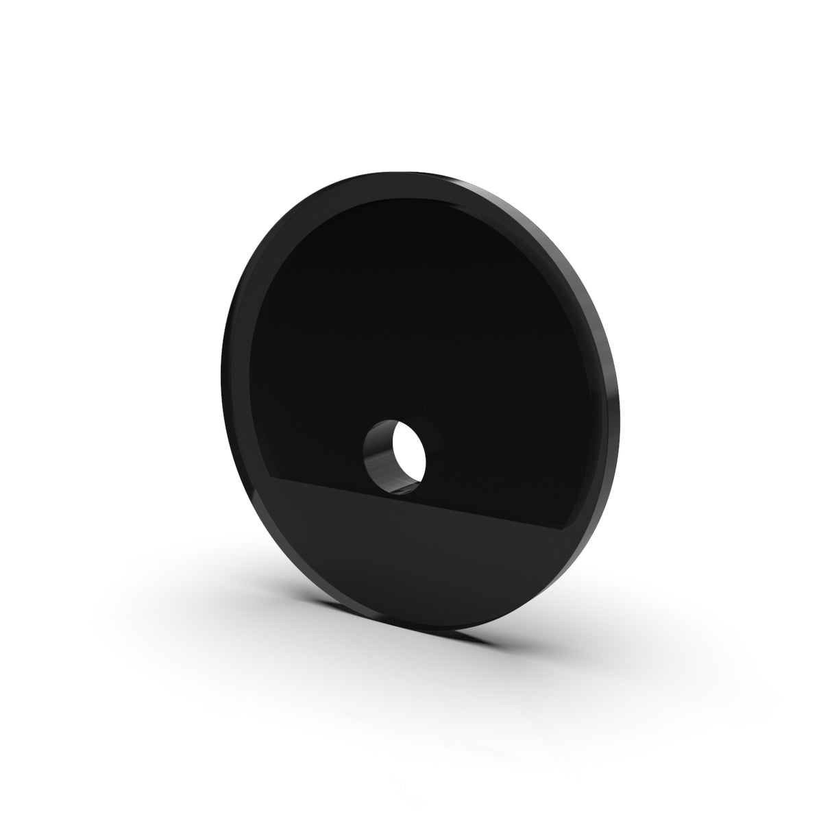 A black, circular Methacrylate End Cap for the Oslo Profile with a central hole stands upright on a white background. Its glossy, translucent finish reflects light and casts a subtle shadow.
