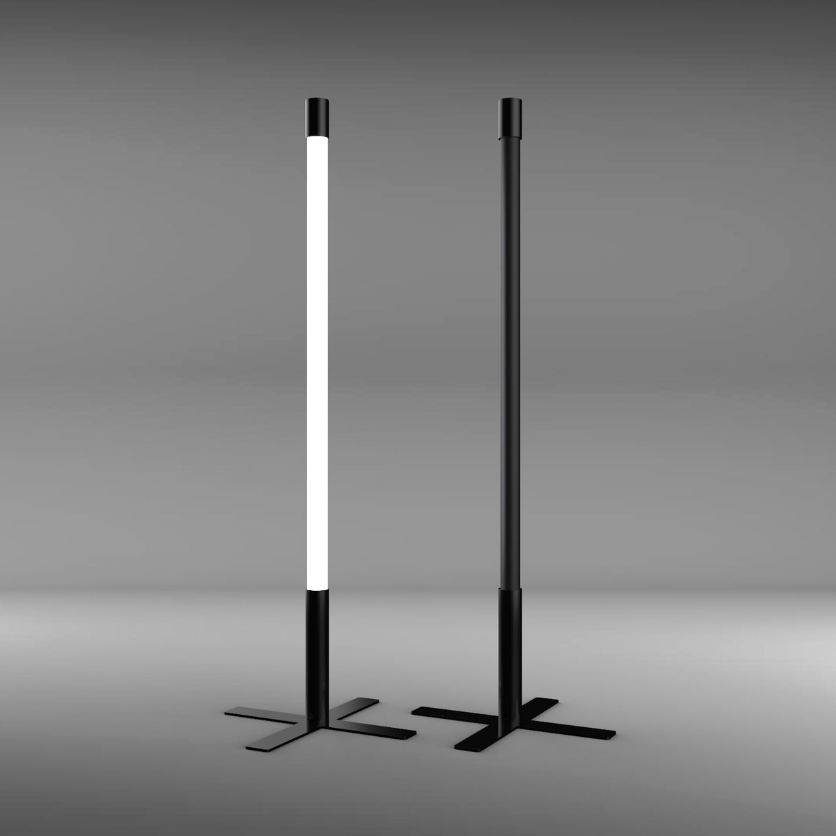 Two RGBW LED Light Tube Post ~ Smokies38 Series lamps with black stands, slim vertical poles, and cross-shaped bases stand against a neutral background. The left lamp is on, the right is off. Modern minimalist design.