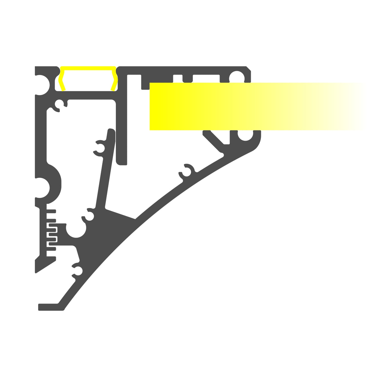 Cross-section diagram of the Shelf Bracket Edge-Lit LED Channel, Model Pula P10: a curved structural frame with multiple compartments and connection points, supporting a rectangular yellow beam that fades to the right.
