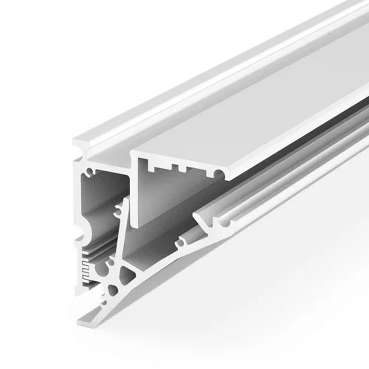 Close-up of the Shelf Bracket Edge-Lit LED Channel, Model Pula P10: a white aluminum extrusion profile with multiple sections, ideal for edge-lit shelves or framing. The image highlights its internal cross-sectional structure.