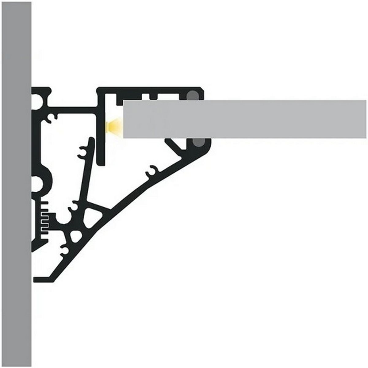 Cross-section diagram showing the Shelf Bracket Edge-Lit LED Channel ~ Model Pula P10 mounted to a wall, supporting a horizontal beam with an integrated LED channel for illuminated shelves extending outward.
