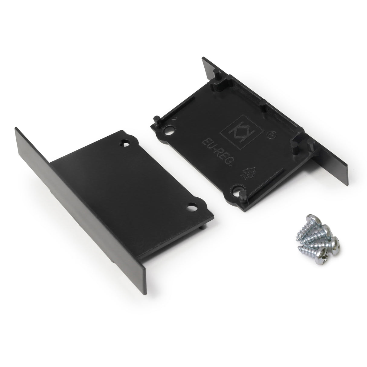 A set of Plastic End Caps for Phil Recessed Profile, shown on a white background, includes black caps with angled edges and a collection of silver screws, compatible with various profiles.