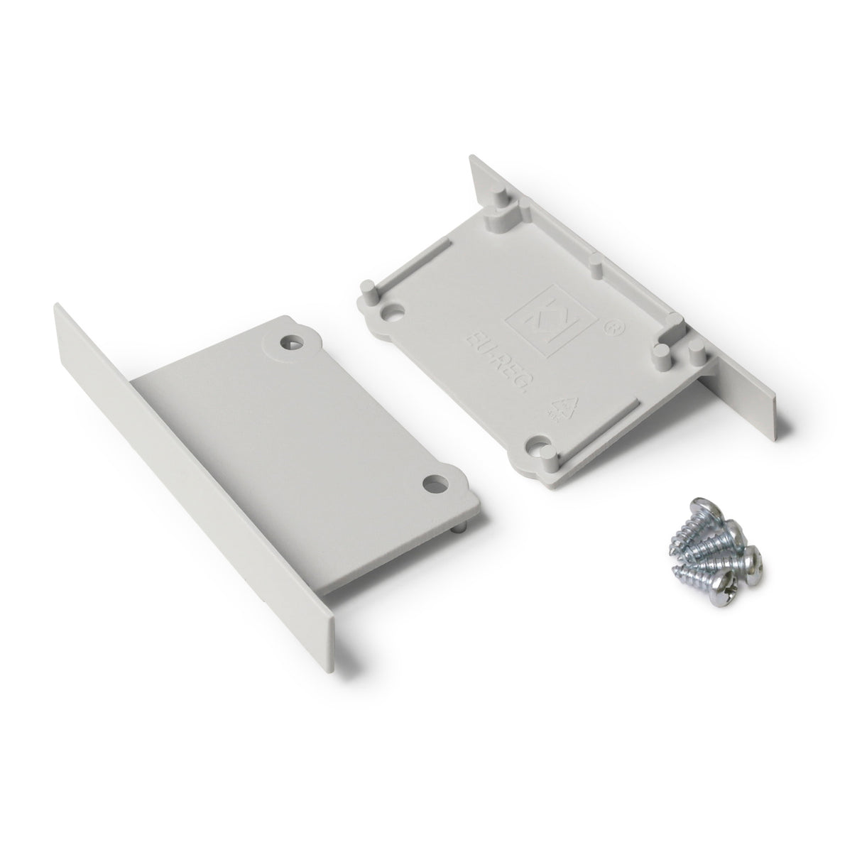 A Plastic End Cap for Phil Recessed Profile is shown disassembled on a white background, including two gray end caps and four silver screws for mounting.