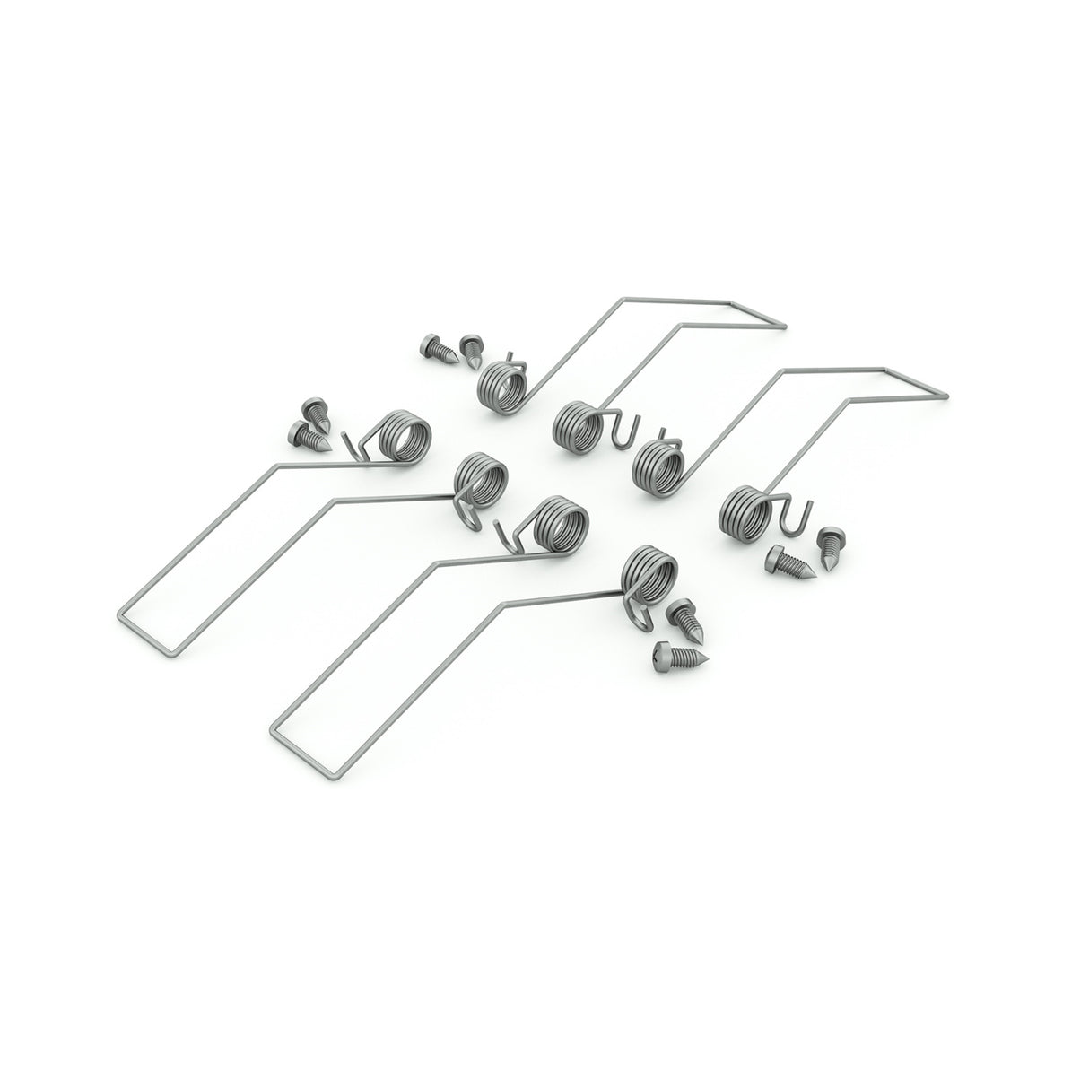 A set of Plasterboard Mounting Springs for Phil Recessed Profile, along with mounting clips and small screws, arranged neatly on a white background; these components are designed for mechanical or electronic assembly applications.