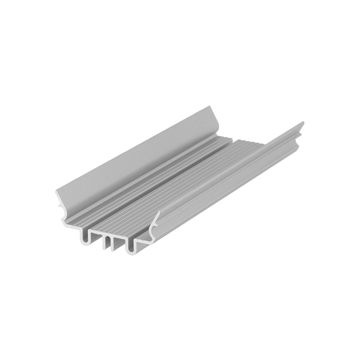 Angled view of the gray Complementary Profile for Phil.v2, made from extruded aluminum with grooved, ridged surfaces and a stepped multi-channel design—ideal for LED profiles or various mounting and construction uses.