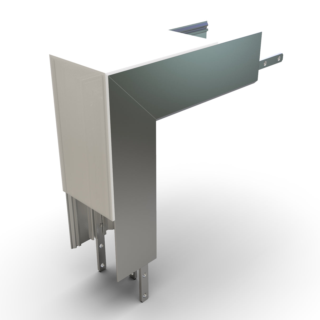 3D rendering of a metallic 90 Degree Connector for PL55-FL Profile, shown with mounting brackets and fasteners—perfect for joining and securing PL55-FL profiles in L-shaped configurations in construction or LED channel setups.