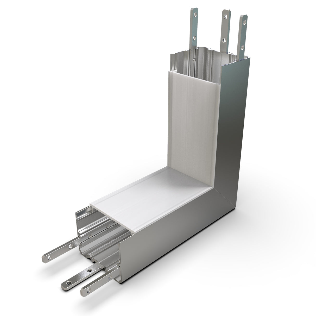 The 90 Degree Connector for PL55-FL Profile is a metallic L-shaped busbar with multiple flat conductors, designed for electrical power distribution. It has a silver rectangular housing and sturdy mounting brackets on top.