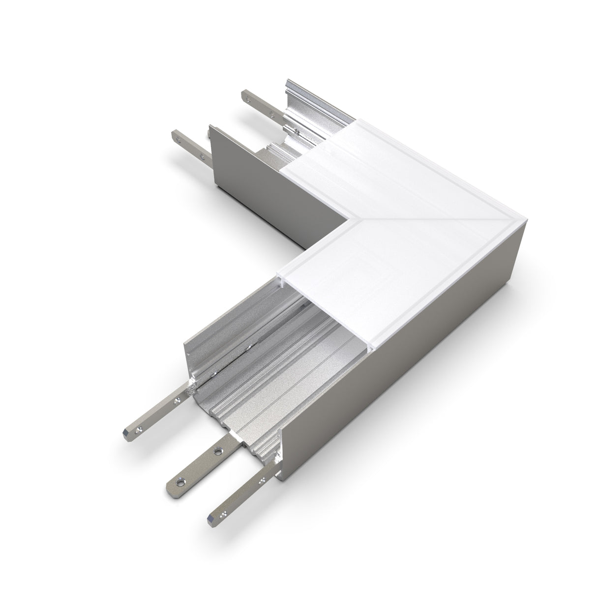 The 90 Degree Connector for PL55-FL Profile is a metal, L-shaped connector with grooved channels and three flat metal tabs on each end, shown on a white background.